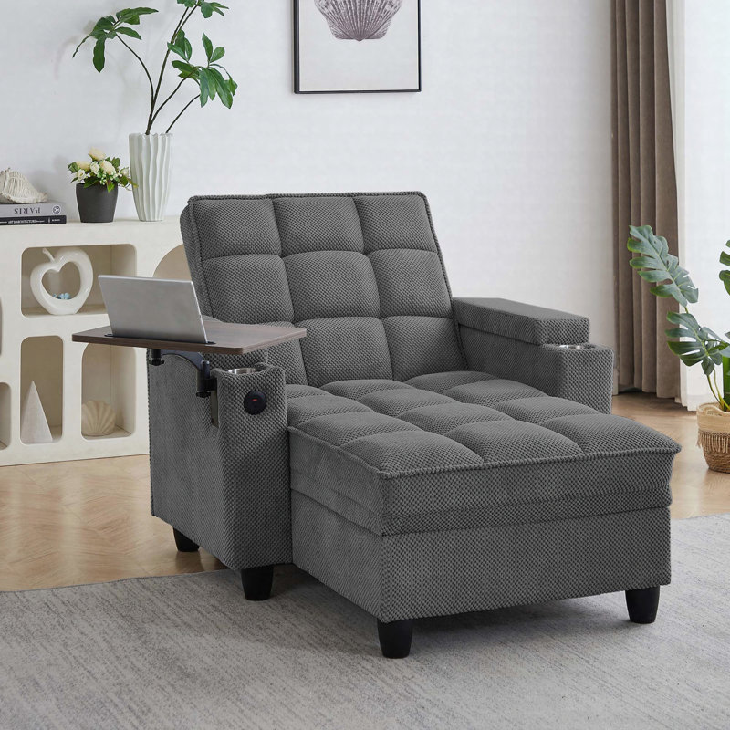 Chaise longue, canapé-lit avec dossier réglable à 6 positions, ports USB, porte-gobelet et table d'appoint pivotante