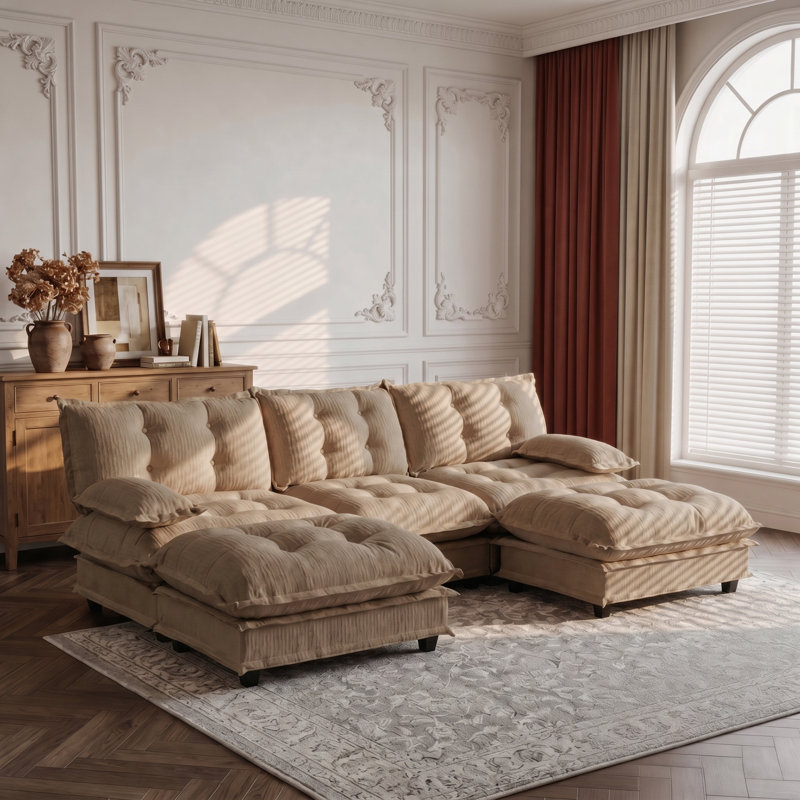 Canapé modulaire en chenille modulaire en U 107 po avec 2 repose-pieds, H 35,4 po x l 107 po x P 33,8 po, Chenille café clair