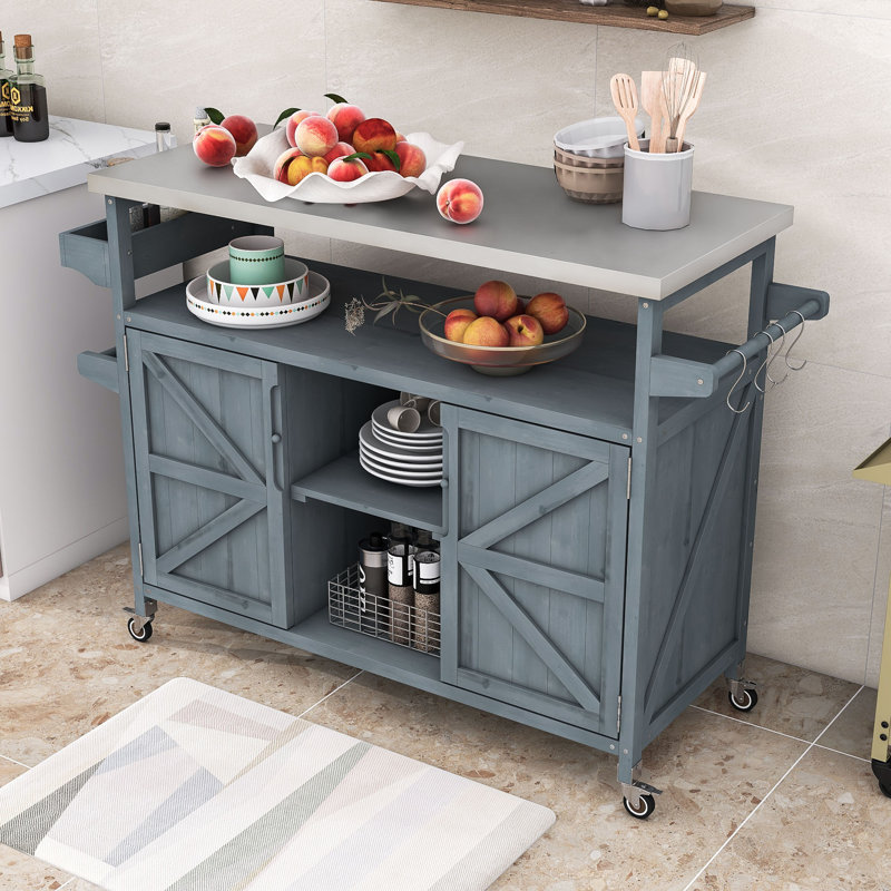Cheyene Rolling Kitchen Island with Stainless Steel Top and Lockable Wheels, Gray Blue