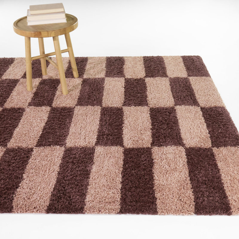 Dixon Beige/Brown Checkered Shag Area Rug, Rectangle 7'10" x 10'