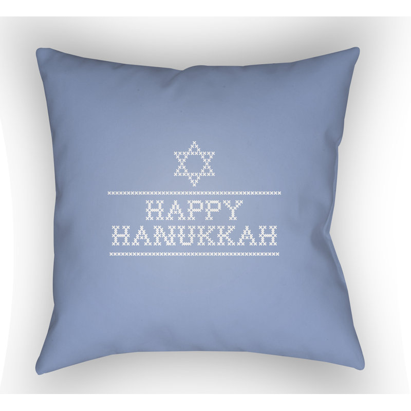 Happy Hannukah Indoor/Outdoor Throw Pillow, Light Blue, 18" H x 18" W x 4" D