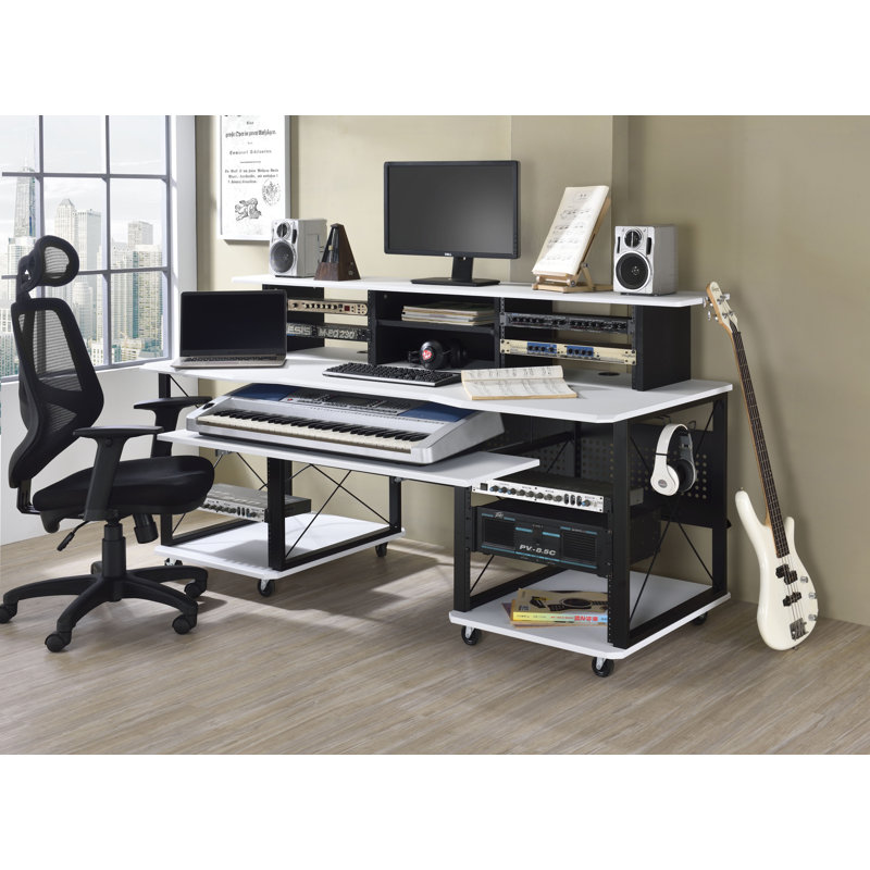 Mehraan 71.6'' W Rectangular Music Desk w/ Keyboard Tray, Cord Management, White/Black