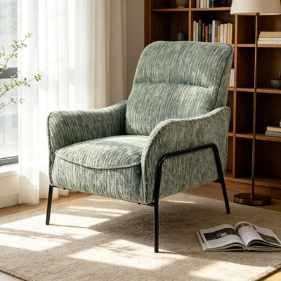 Fauteuil d'appoint en tissu rayé, fauteuil rembourré avec accoudoirs et structure en métal noir, fauteuil lounge confortable et rembourré, fauteuil de lecture pour salon, chambre ou bureau, fauteuil de détente texturé vert