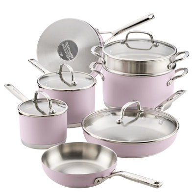Kitchenaid Color-Finished Stainless Steel 3-Ply Base Cookware Set, 11-Piece, Agave