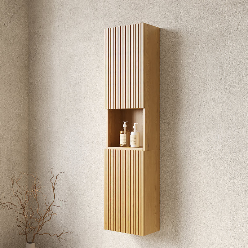 Armoire de salle de bain étroite 59 po de hauteur 59 po - fixation murale avec portes et tablettes en finition chêne