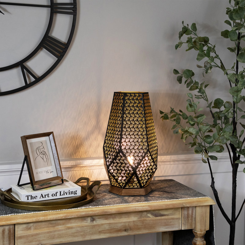 Laser-Cut Leaf Pattern Iron Table Lamp With Wood Base - 16.5" - Black