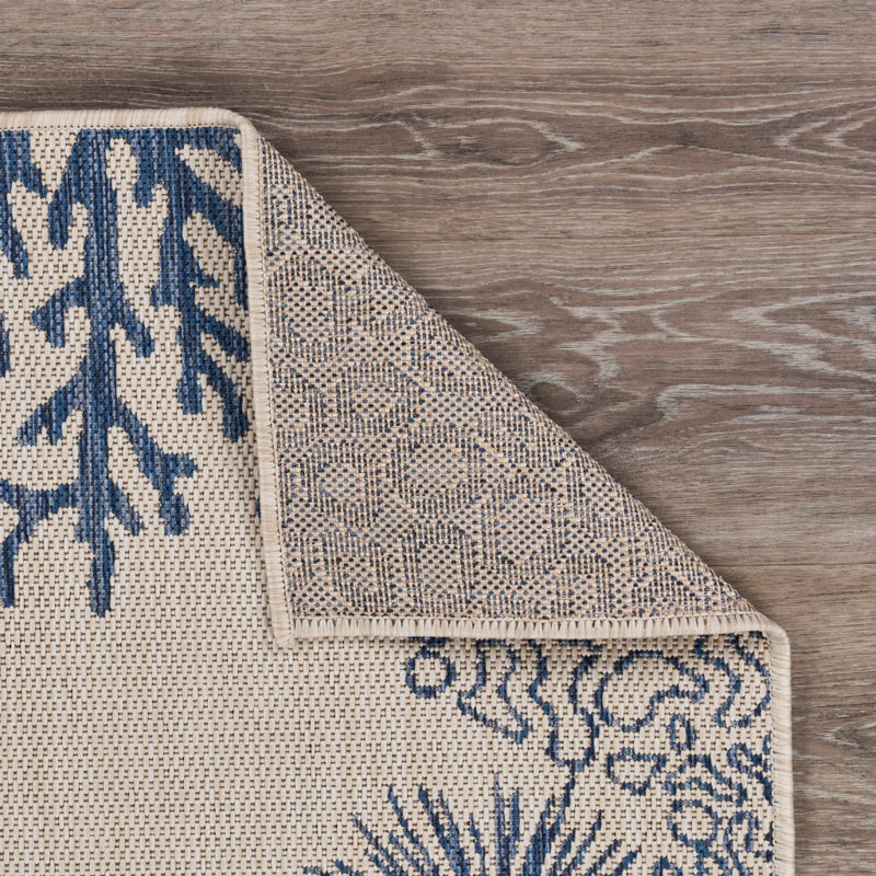 Tyreece Beige/Blue Power Loomed Indoor/Outdoor Area Rug, Rectangle  1'10" x 3'