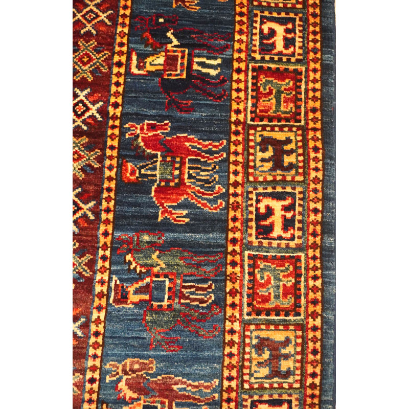 Tapis unique 5 pi Pyzryk en bleu / rouille / brun nouvel âge Pyzryk