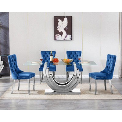 Modern Glass Dining Table Set, Clear Glass Dining Table with Stainless Steel Pedestal & Dining Chairs, 70" Rectangle Dining Room Table and Chairs Set, Luxury Kitchen Table Set