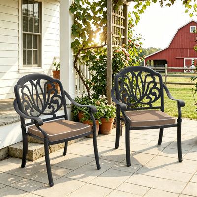 Chaise de patio d'extérieur en fonte d'aluminium avec accoudoirs et coussin brun - ensemble de 2