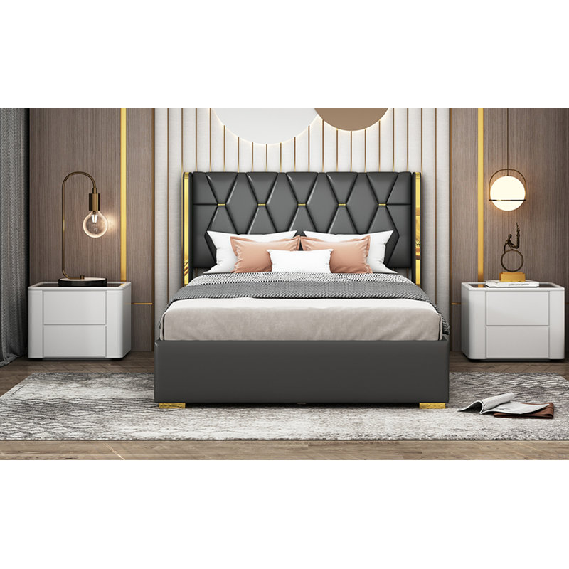 Lit plateforme tapissier avec bandes métalliques, Lit double