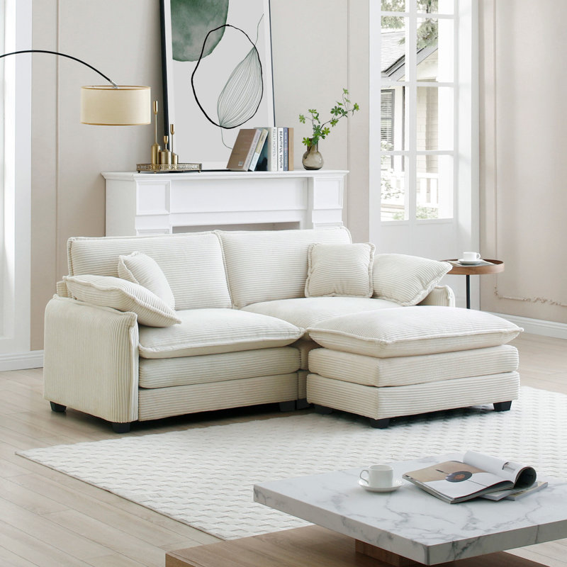Modern Sofa2-Seater Sofa  With 1 Footrest, L-Shaped 2-Seater Sofa With Ottoman  Small Living Spaces,  Corduroy, Beige