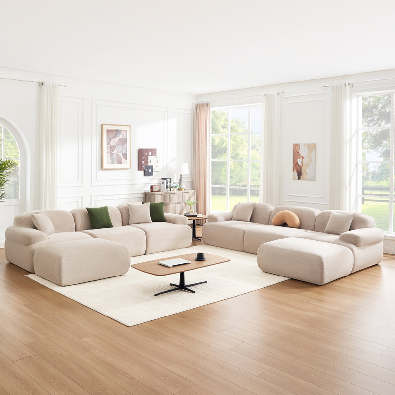 8 Seats Oversized Modular Sectional Compression Modular Sofa Curved Design, Khaki Polyester Blend