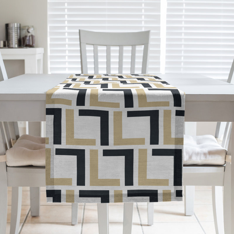 Chemin de table Carolina, 72 po x 16 po, Coton, White/Old Gold/Black