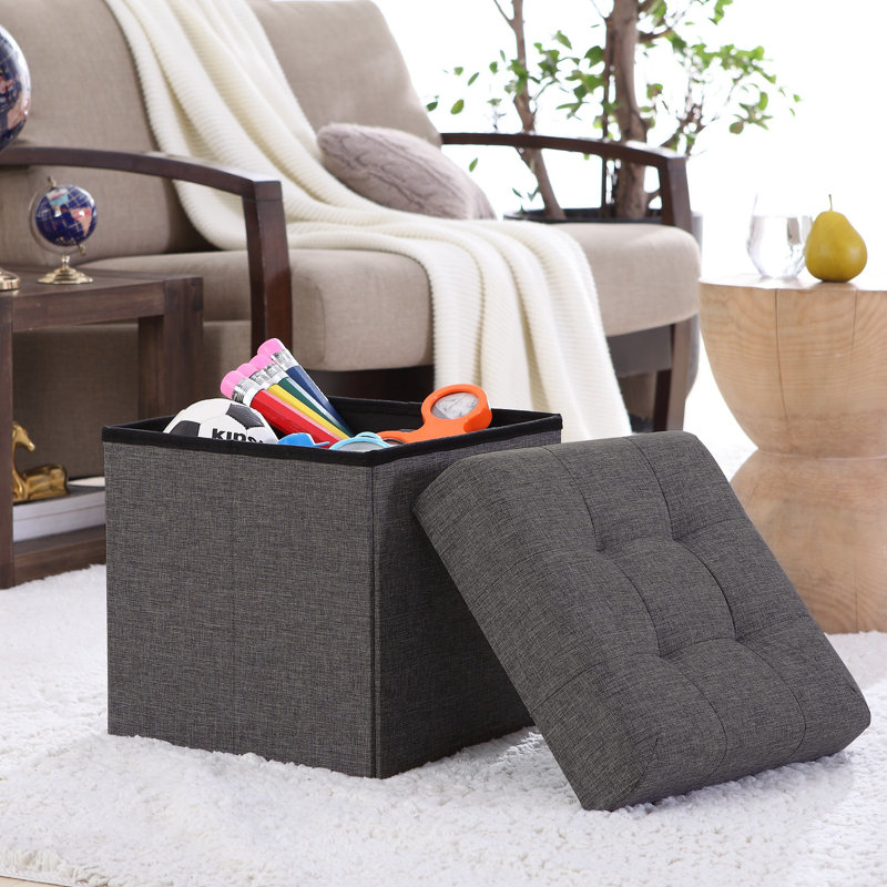 Lambertville Upholstered Ottoman, Charcoal Linen