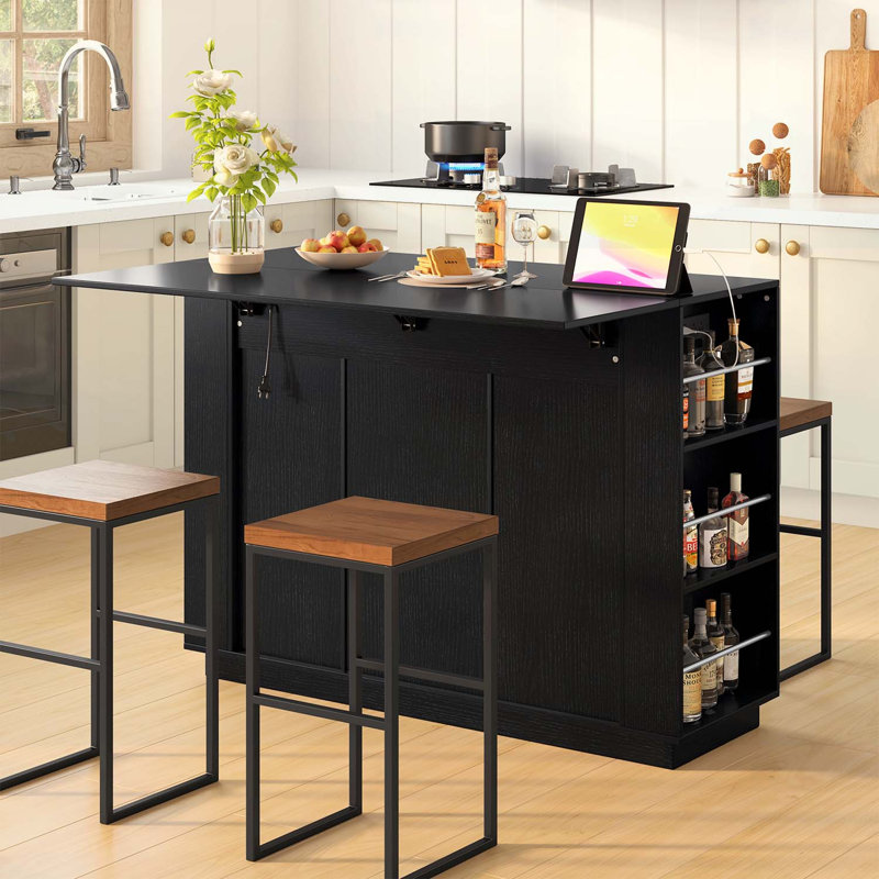 2-Door Cabinet,with Drop Leaf,Power Outlet,Wine Bar,and Adjustable Storage,Ideal for Space-Saving and Versatile Use, Black
