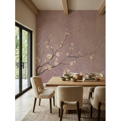 Cherry Blossom Branches Wallpaper Textured Pink Wall Mural