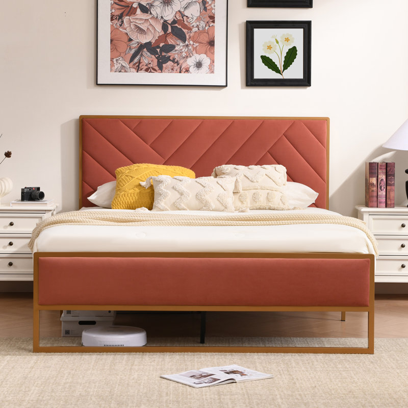 Lit plateforme tapissier Sheila avec tête de lit capitonnée en velours, Double, Rouge