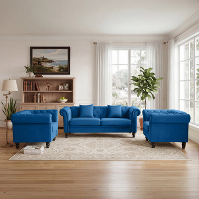 Ensemble de meubles de salon en velours capitonné 3 pièces avec canapé Chesterfield et fauteuil d'appoint Fynlie