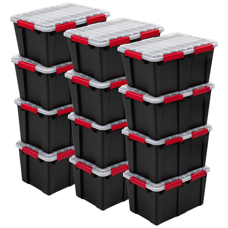 Sterilite 13.5 Gal Gasket Box Stackable Storage Container w/ Lid, Black, 12 Pack