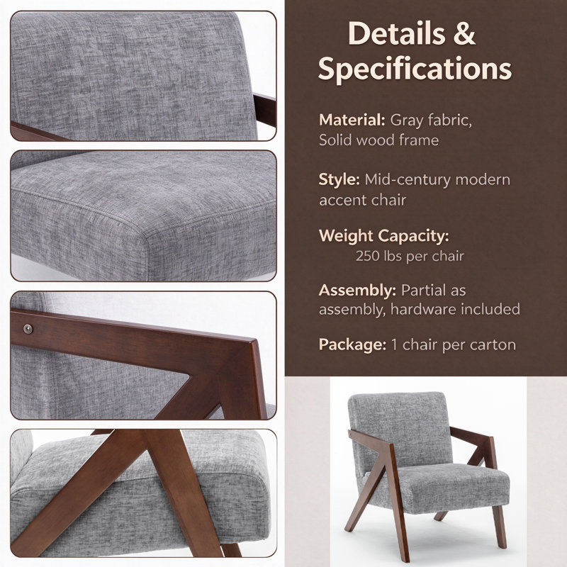 Fauteuil d'appoint de réception, fauteuil en tissu de style moderne du milieu du siècle avec structure robuste en bois massif pour salon, chambre et bureau