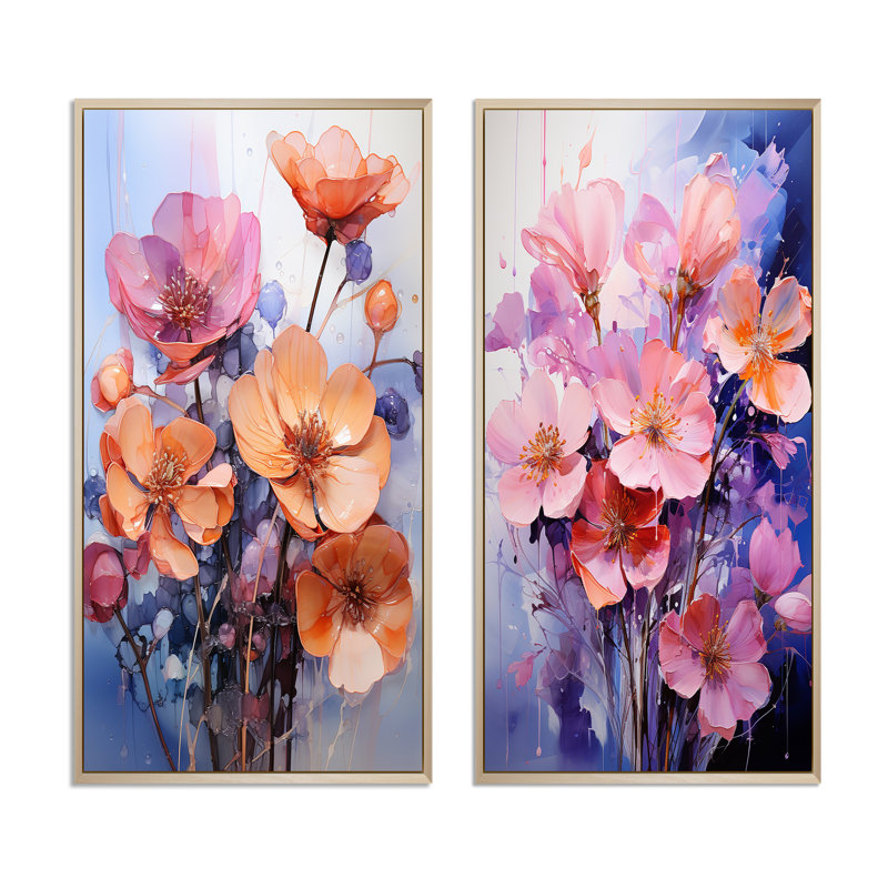 «Peach Purple Violets Représentation Dreams», 2 pièces, H 32 po x l 32 po, Encadrement brun