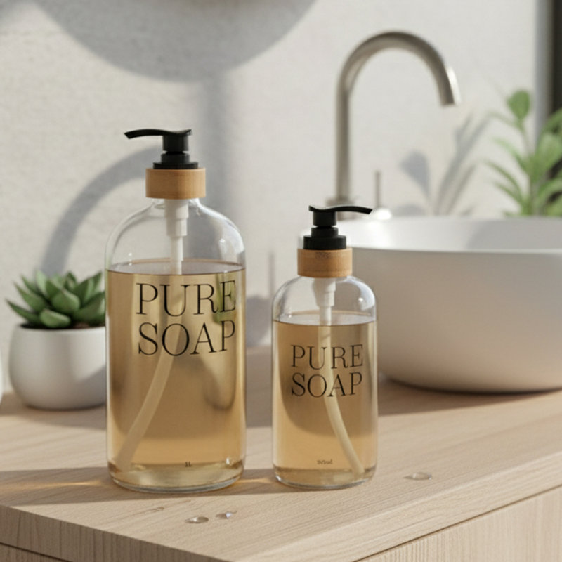 Glass and Bamboo Soap Dispenser PURE SOAP 17 FL OZ