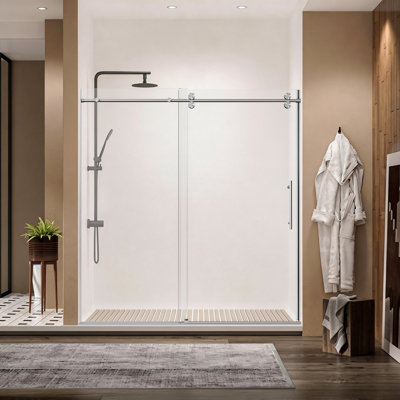 Porte de douche coulissante simple en tube d'acier inoxydable de 68 à 72 po de largeur et de 76 po de hauteur, porte en verre trempé transparent de 3/8 po d'épaisseur (10 mm), installation réversible, nickel brossé