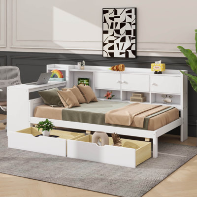 Wooden L-Shape Daybed With Seven Storage Cabinets And Two Storage Drawers, Multi-Functional Bed With Study Desk