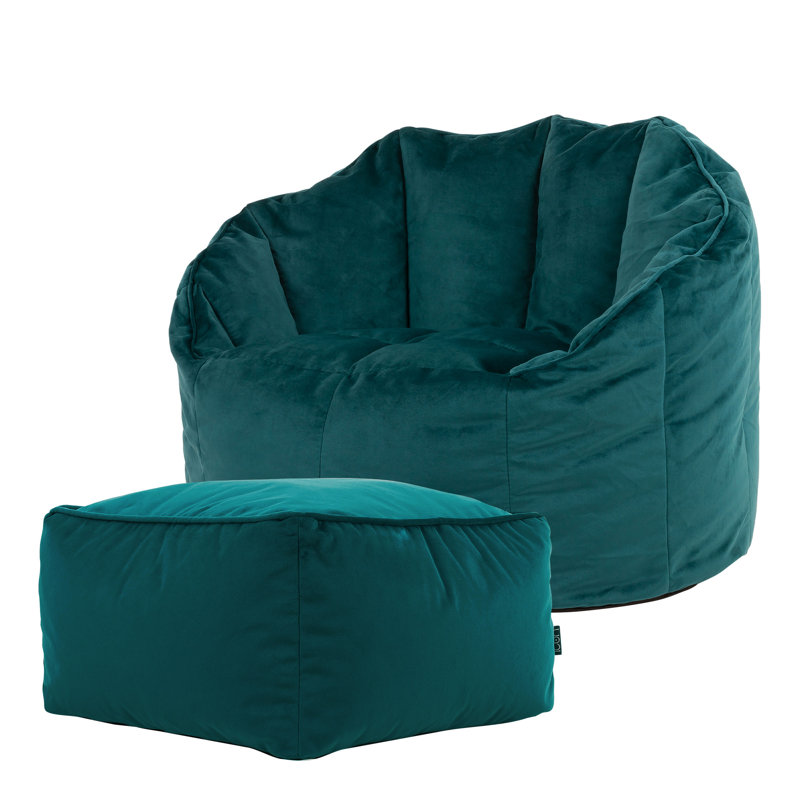 icon Sirena Scallop Chair Bean Bag and Footstool Ochre Yellow Velvet Bean Bags, Teal Green