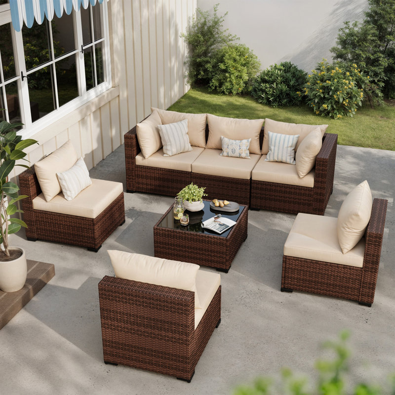 Ensemble de conversation de patio 7 pièces avec table basse et coussins, Brun, Beige