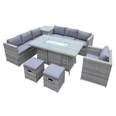 Malta Rattan 9 Seat Firepit U-Shape Sofa Set in Mixed Grey with Grey Cushions