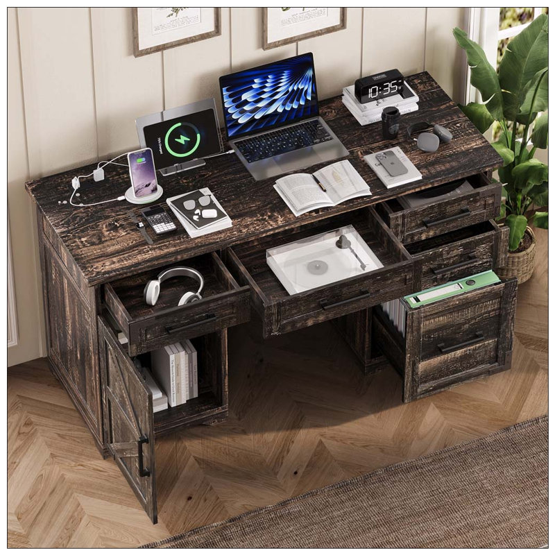 Bureau de direction 55 po avec station de charge et prise de courant, Grey