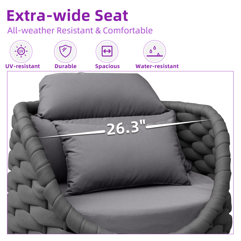 Chaise de patio d'extérieur en polyester avec coussins Kohji, Gris foncé, Gris foncé