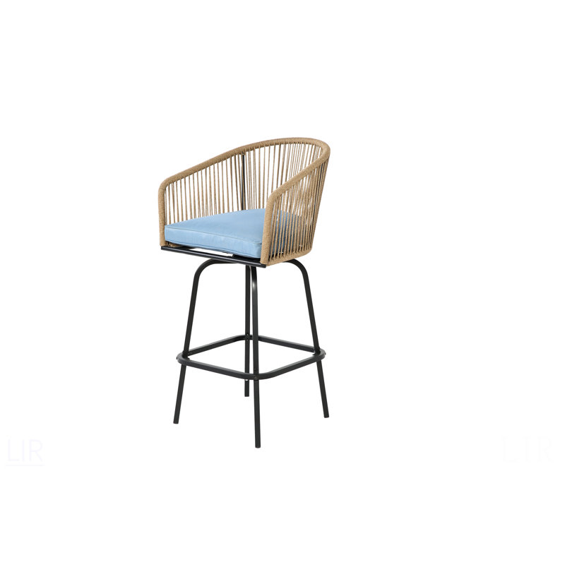 Outdoor Bar Stools Set Of 4, 4-Piece Patio Bar Stools With Armrests, All Weather Rattan Bar Chairs With Backrest, Wicker Bar Stools For Backyard, Garden, Pool, Balcony And Deck-Blue, Chair