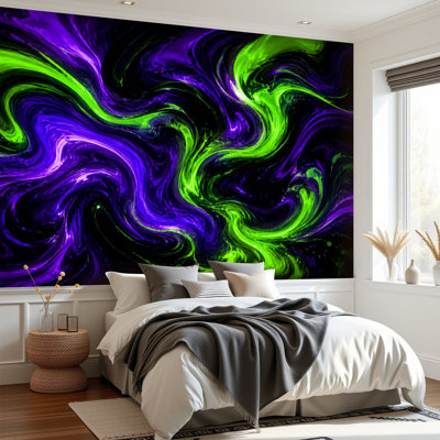 Papier peint adhésif peler et coller effet marbre coloré néon ultra violet bleu vert noir ondulé papier autocollant amovible pour décoration de salon Chambre H 69 po x l 96 po