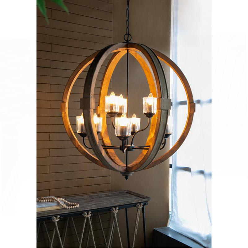9- Light Globe Chandelier, Wood Chandelier Hanging Light Fixture with Adjustable Chain for Kitchen Dining Room Foyer Entryway, Bulb Not Included