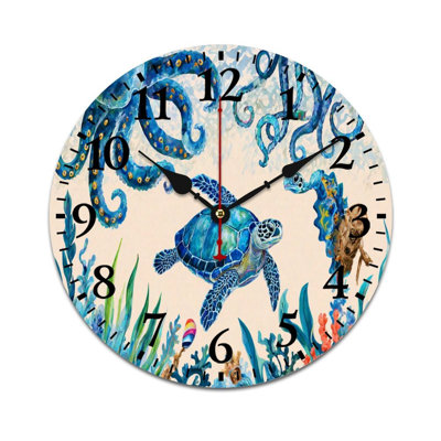 Underwater Octopus Turtle 12 X 12 in Wall Decor For Bathroom & Coastal Living Room Decor, Teal Blue