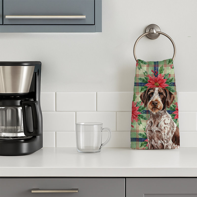 Roan German Wirehaired Pointer Christmas PoinsettIas Kitchen Towel, Roan German Wirehaired Pointer