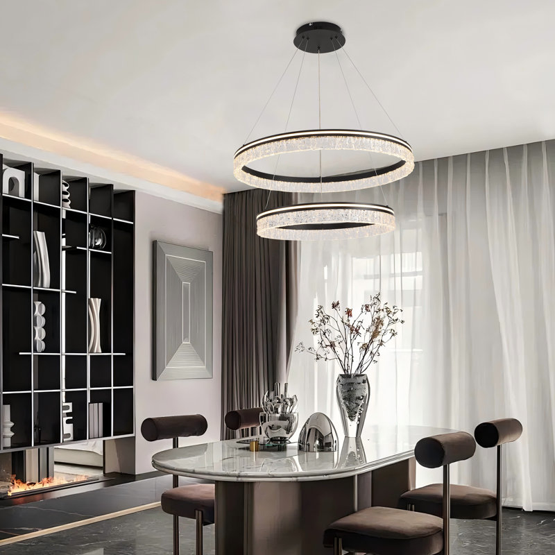 Luminaire suspendu moderne à 2 anneaux à intensité variable avec luminaires à distance réglables, Noir