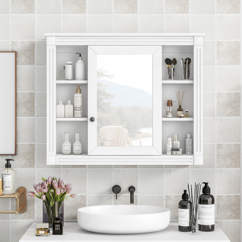 Armoire de rangement murale moderne avec miroir, 6 tablettes pour salle de bain organisée et élégante, Blanc