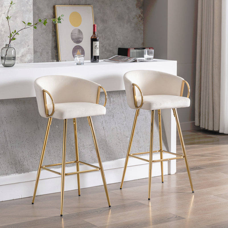 Ensemble de 30 tabourets de bar de 30 pouces avec repose-pieds chromé et base en velours + tabouret de bar simple Golden Leg, crème