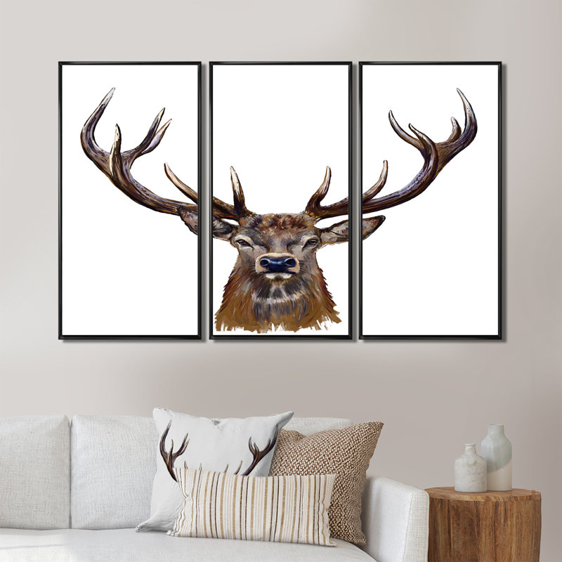 Tête de cerf devant - ensemble de 3 reproductions d'art encadrées sur toile, Noir, H 20 po x l 36 po