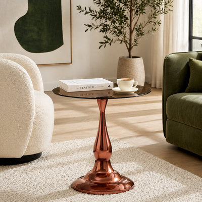 Petite table d'appoint en métal, table ronde moderne en métal or rose avec plateau en verre mesurant environ 19,6 pouces de diamètre. Idéal pour une utilisation à côté d'un lit ou d'un canapé, dans les salons, les chambres à coucher, etc.
