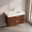 Meuble-lavabo mural simple de 76 cm (30 po) en noyer cannelé, avec lavabo en céramique et comptoir en pierre frittée blanche veinée.-322801059