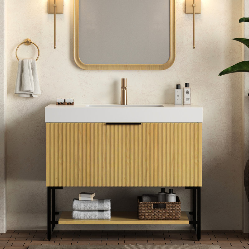 Meuble-lavabo autoportant de 36 po avec lavabo intégré en résine blanche, armoire en chêne, tiroir et tablette ouverte, grattoir, facile à entretenir, coulisses de contreplaqué encastrées en contreplaqué, pré-assemblé, preuve