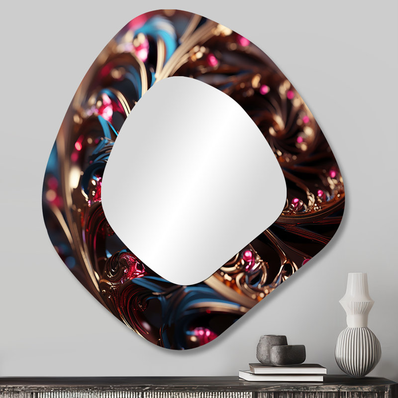 Patmos Gold and pink hypnotic spiral I - Abstract Spirals Asymmetrical Unique Wall Mirror, Modern Unique Shape Mirror, Printed Metal Art