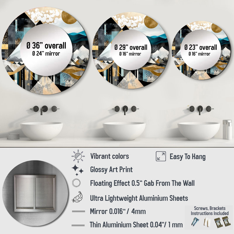 Gunndis Teal And Gold Geometric Harmony - City Wall Mirror, Teal Round Decorative Mirror, Printed Metal Art, 23" x 23"