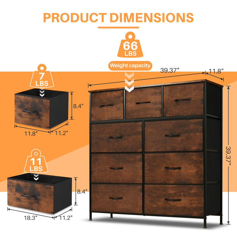 Commode 9 tiroirs Xinia, Brun