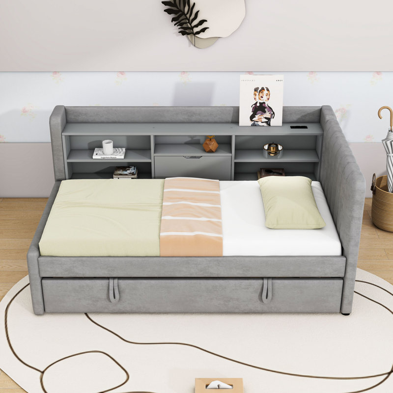 Twin Upholstered Daybed with Pull-Up Trundle, Storage Shelves and Charging Station, Gray